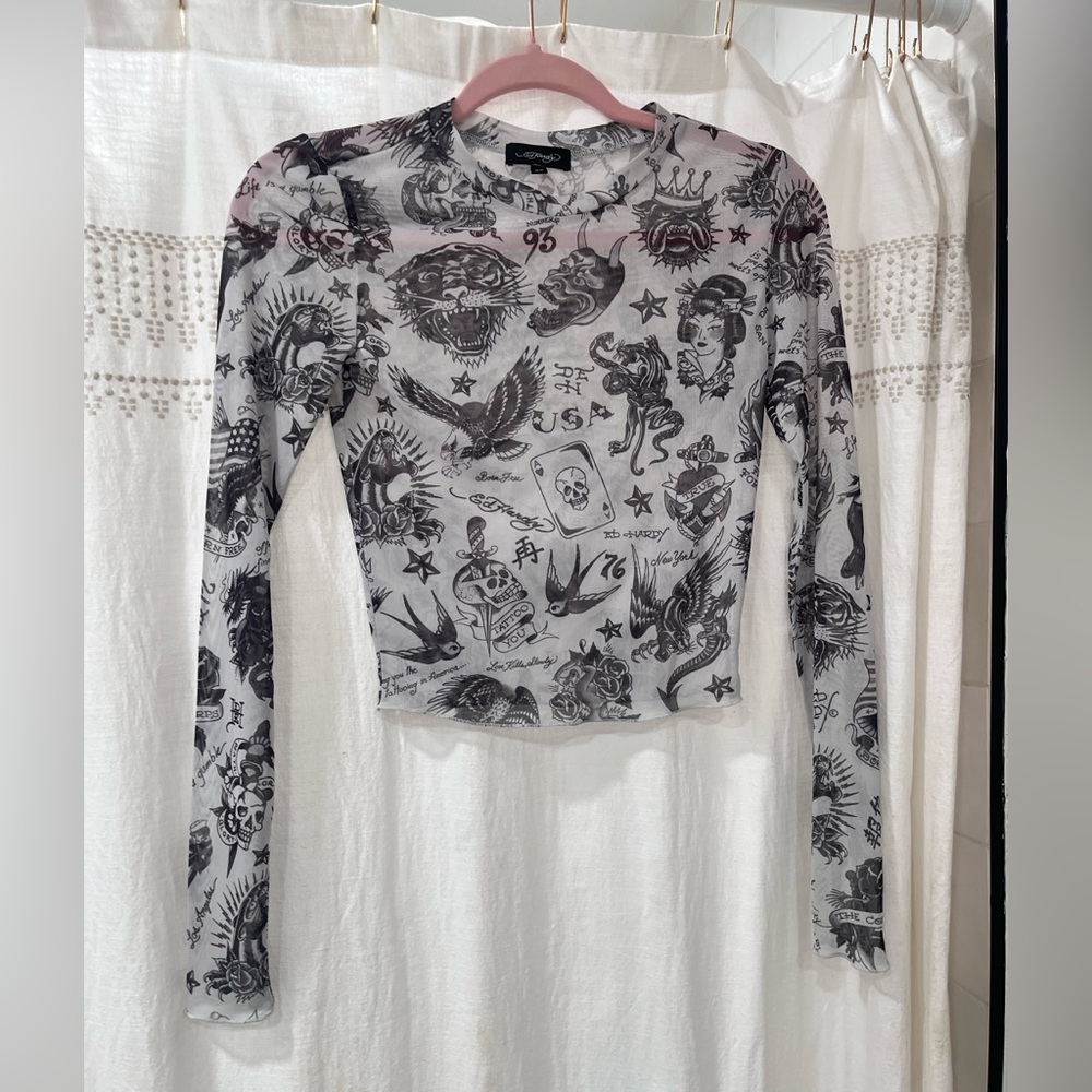 Ed Hardy White Mesh Long Sleeve Tattoo Print Top